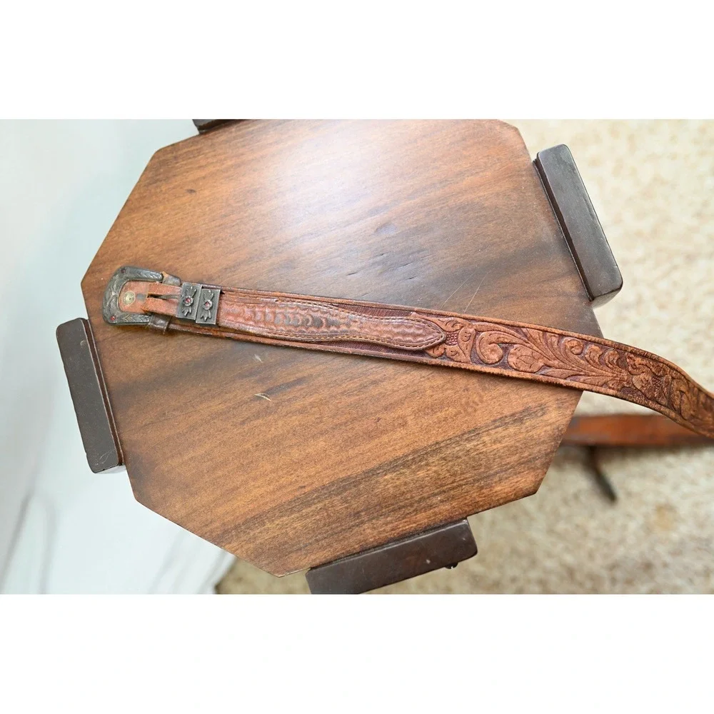 Vintage Western Sterling Silver Leather Belt Brown Floral Embossed Boho USA
